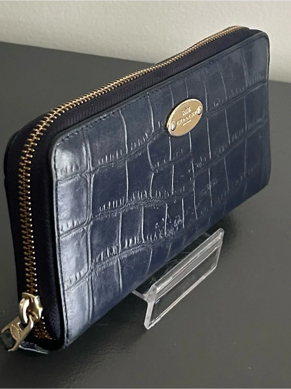 Coach Navy Croc Embossed Leather Zip Around Continental Wallet